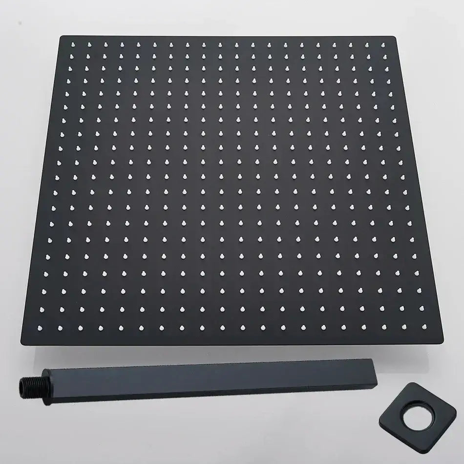 Modern matte black luxury rain shower head with square black matte finish and grid perforations with shower arm