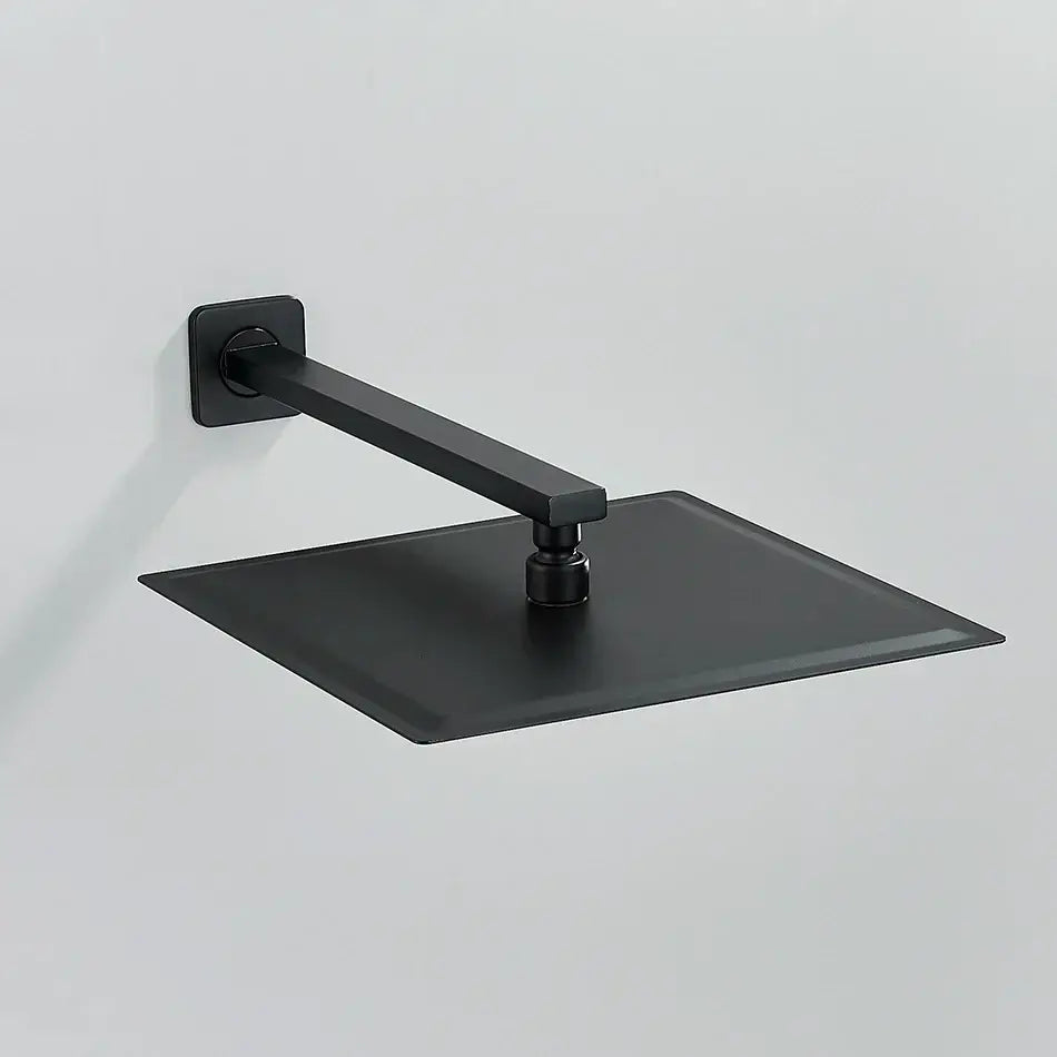 Modern matte black luxury rain shower head with square design and adjustable shower arm for bathroom installation