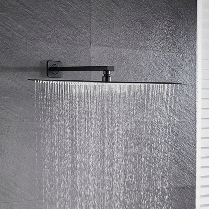 Modern matte black luxury rain shower head with square matte finish and matching shower arm for bathroom use
