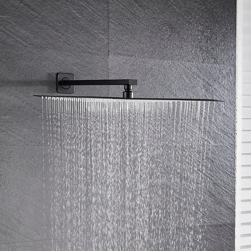 Modern matte black luxury rain shower head with square matte finish and matching shower arm for bathroom use
