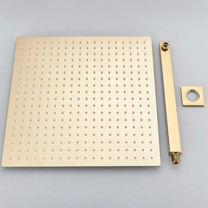 Gold-toned square luxury rain shower head with matching brass shower arm and evenly spaced perforations for bathroom use