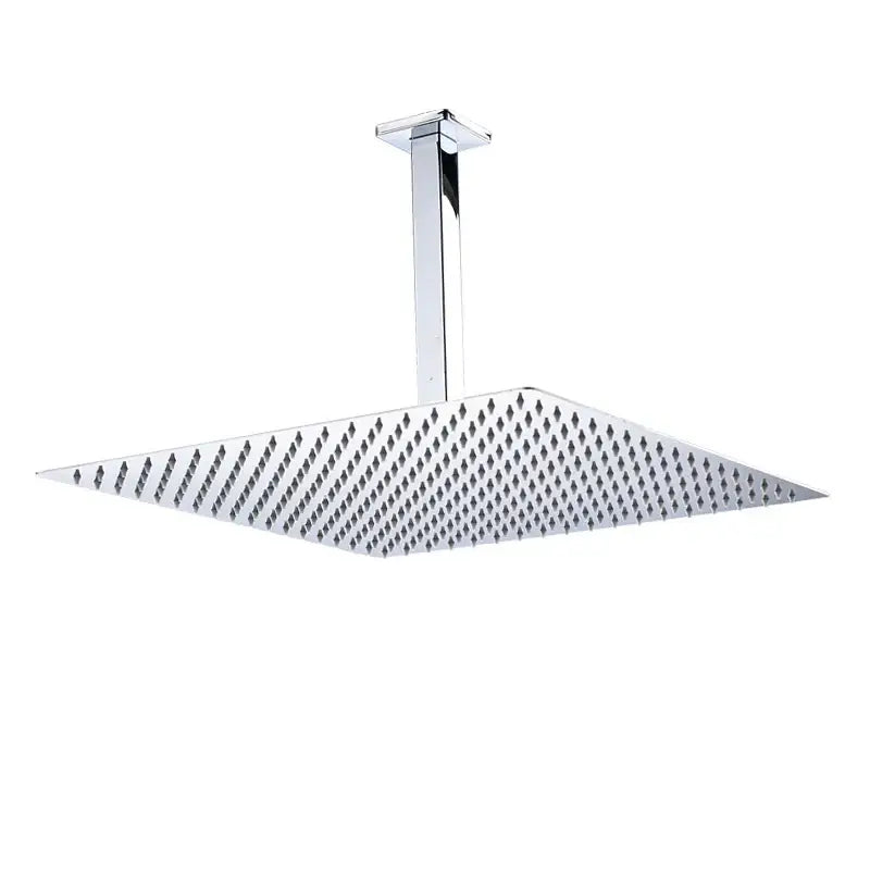 Modern chrome finished square shower head with diamond shaped nozzles and sleek luxury rain shower arm design