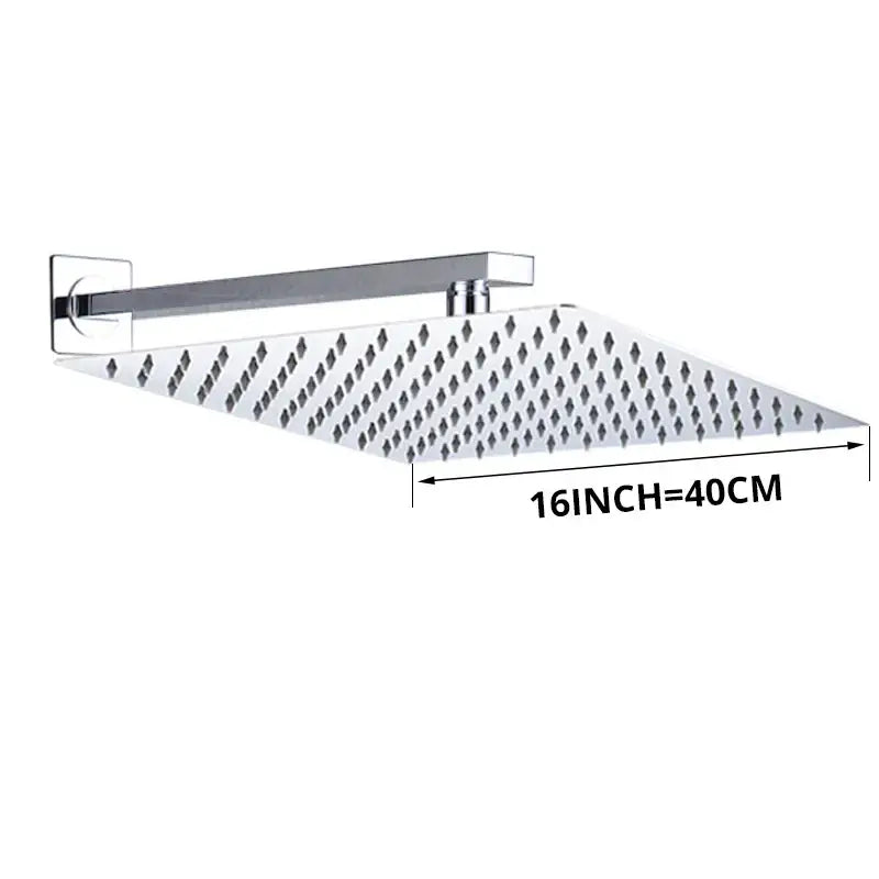 Chrome finished square shower head with diamond nozzle grid and modern design paired with matte black shower arm luxury rain shower
