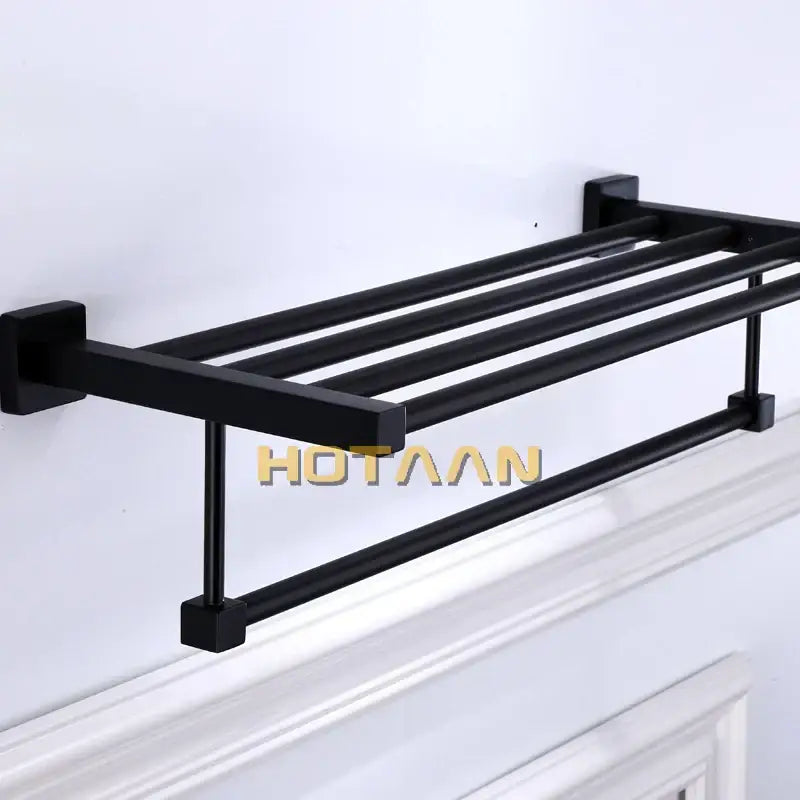 Modern matte black metal multi bar towel rack with square-edged bars and mounting brackets by decorbites black towel rack