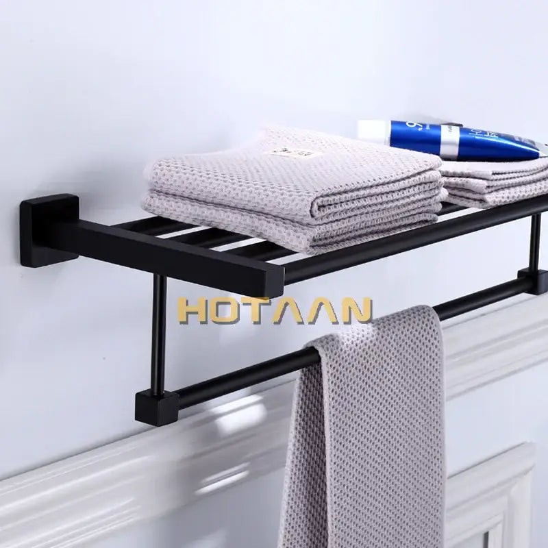 Modern matte black metal towel rack with shelf and hanging bar by decorbites black towel rack for bathroom decor