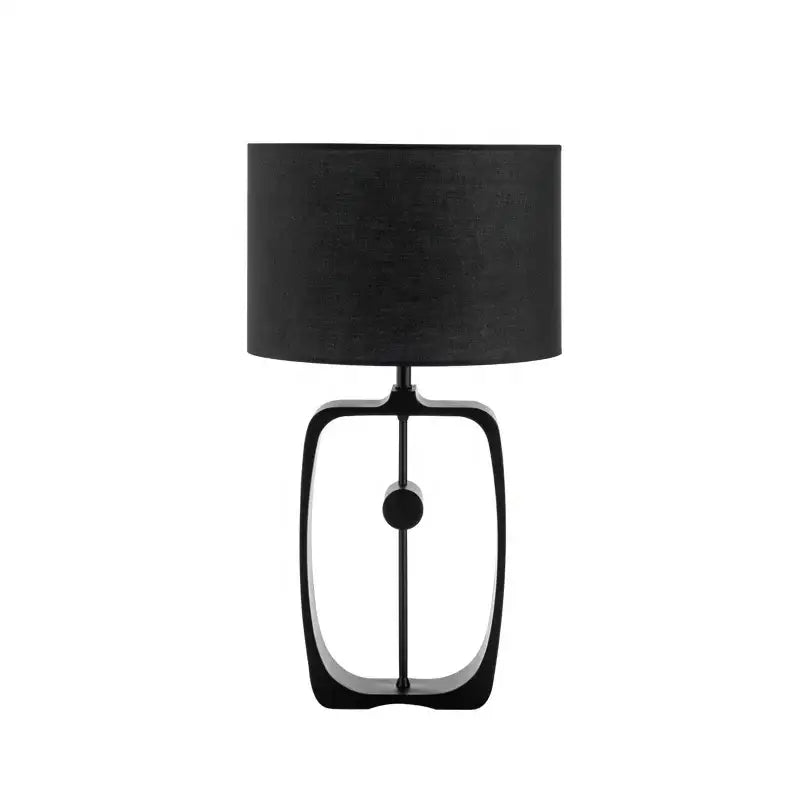 Modern matte black metal table lamp with fabric shade on sleek oval frame base for living room by decorbites designer