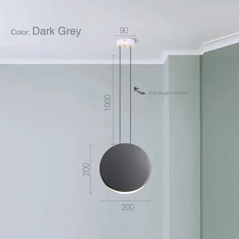 Modern matte black and muted green decorbites crescent moon chandelier with dark grey circular pendant light and 1000mm wire