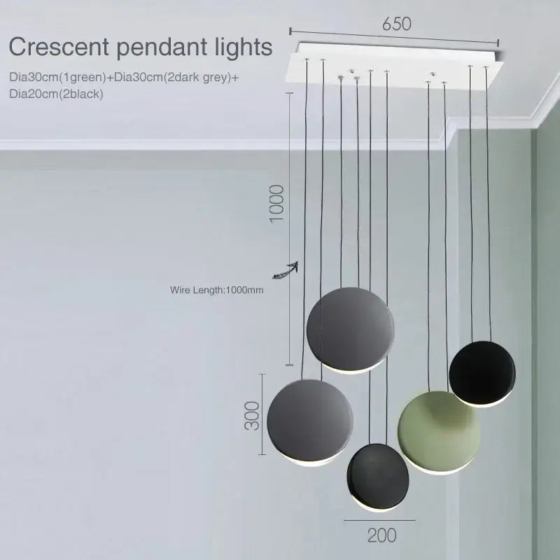 Modern matte black and muted green crescent moon chandelier with white ceiling mount and multicolor shades for dining room decorbites crescent moon