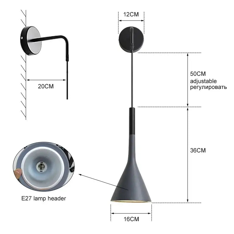 Modern matte black nordic led wall light with conical pendant, sleek black arm, and circular wall mount for decorbites black nordic decor