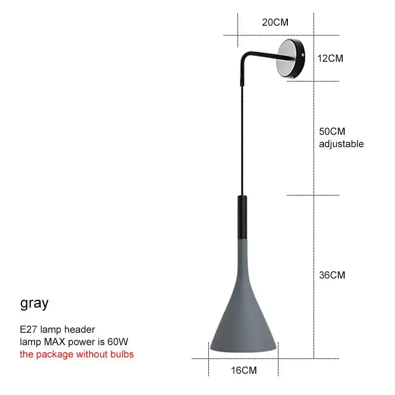 Modern matte black nordic led wall light with gray conical pendant lamp and adjustable black arm for bedroom reading sconce decorbites black nordic wall light