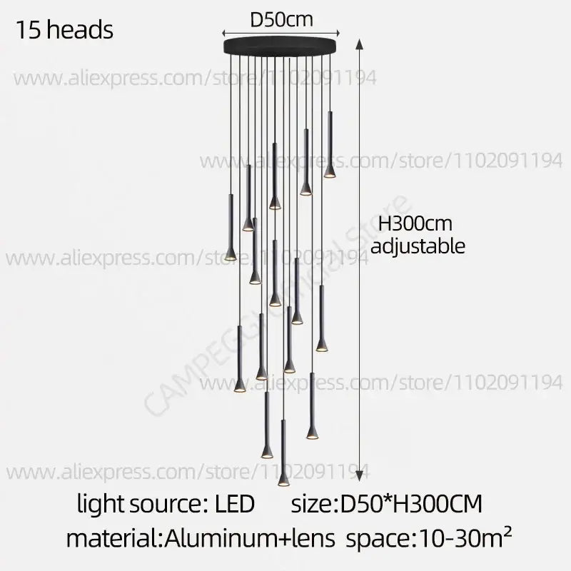 Modern matte black nordic pendant lamp with 15 slender led heads suspended from aluminum circular base for living room
