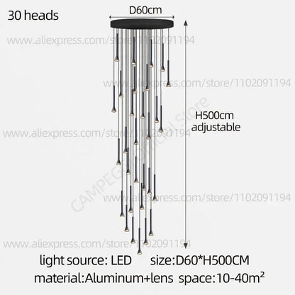 Black modern nordic pendant lamp with 30 slender led light heads suspended from aluminum base for living room