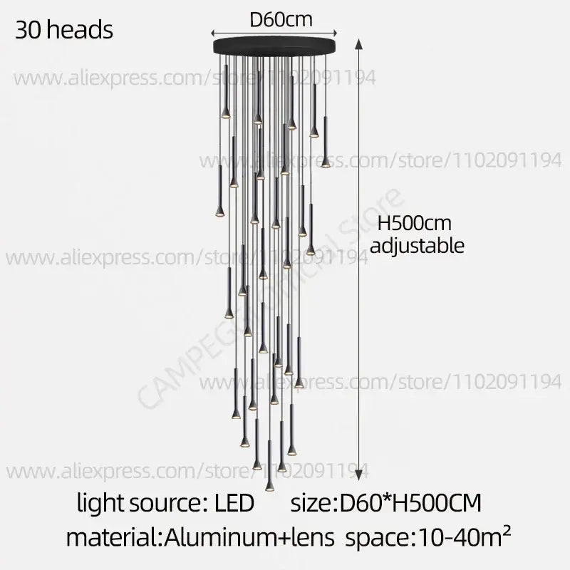 Black modern nordic pendant lamp with 30 slender led light heads suspended from aluminum base for living room