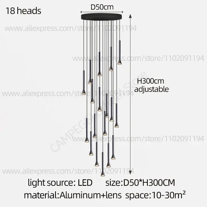 Modern matte black nordic pendant lamp with 18 slender led heads and adjustable height for living room or staircase