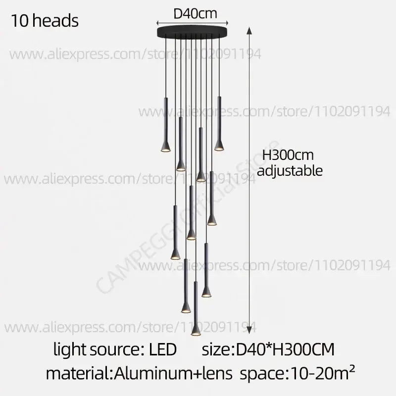 Modern matte black nordic pendant lamp with ten slender aluminum arms and frosted lens shades for living room staircase
