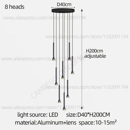 Modern matte black nordic pendant lamp with eight slender led light heads and adjustable aluminum base for living room