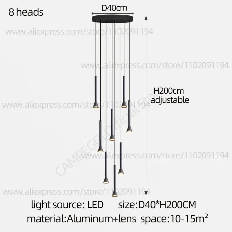 Modern matte black nordic pendant lamp with eight slender led light heads and adjustable aluminum base for living room