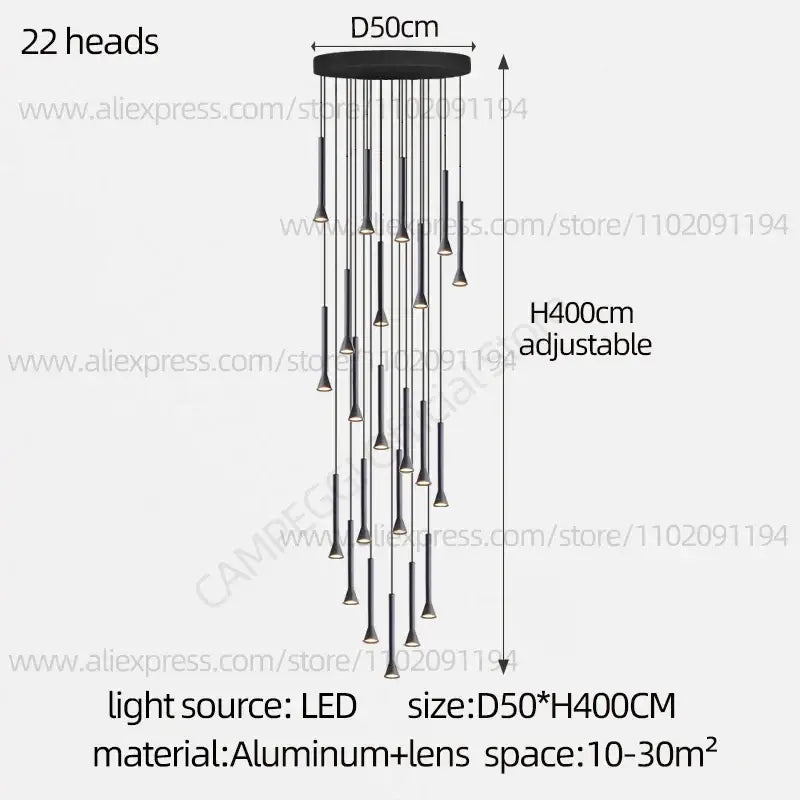 Modern matte black nordic pendant lamp with 22 slender led light heads and aluminum base for living room or staircase