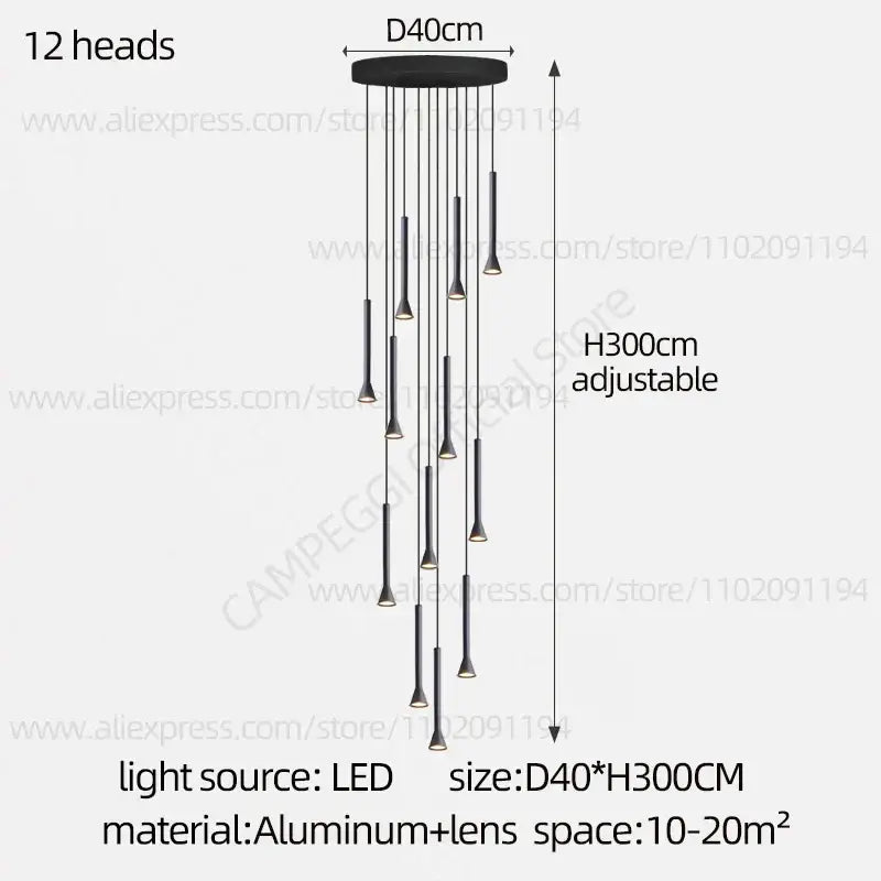 Modern matte black nordic pendant lamp with 12 slender led lights and aluminum base for living room staircase