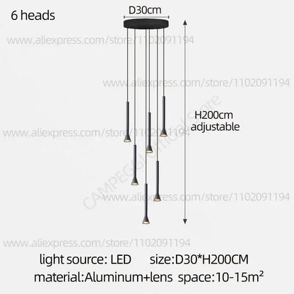Modern matte black nordic pendant lamp with six adjustable led heads suspended from circular aluminum base for living room