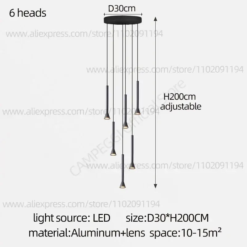 Modern matte black nordic pendant lamp with six adjustable led heads suspended from circular aluminum base for living room