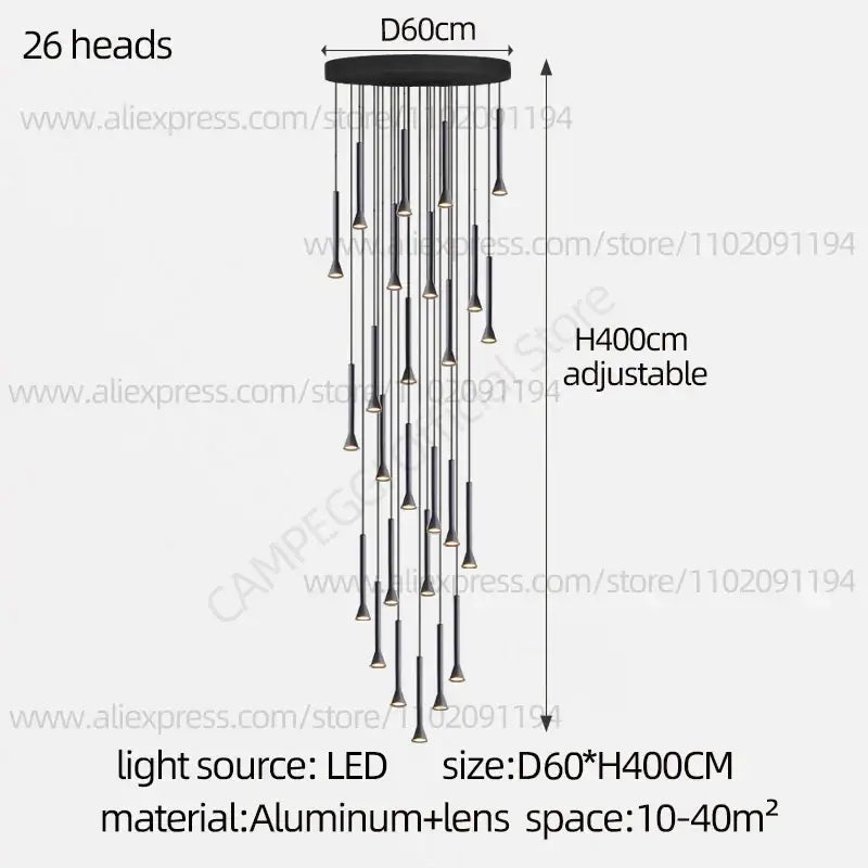 Black modern nordic pendant lamp with 26 slender led light heads on circular aluminum base for living room staircase