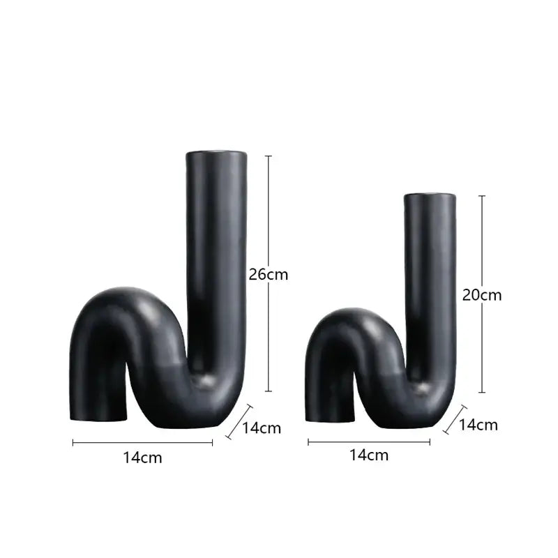 Two matte black ceramic vases with s-shaped twist knot design in black pipe geometric style for modern decorbites decor