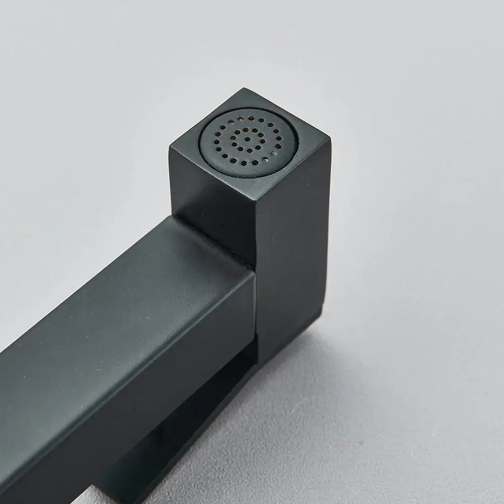 Modern matte black brass bidet faucet with square spout and circular perforated nozzle for decorbites brass bidet bathroom set