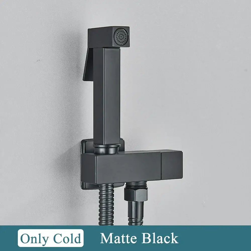 Matte black matte-finish wall-mounted brass bidet faucet with square nozzle and flexible hose from decorbites bathroom set