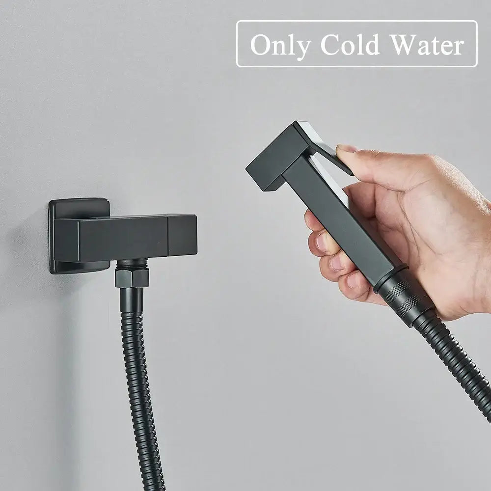 Modern matte black brass bidet faucet with handheld sprayer and square wall-mounted base for decorbites brass bidet sets