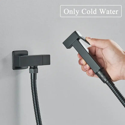 Modern matte black brass bidet faucet with handheld sprayer and square wall-mounted base for decorbites brass bidet sets