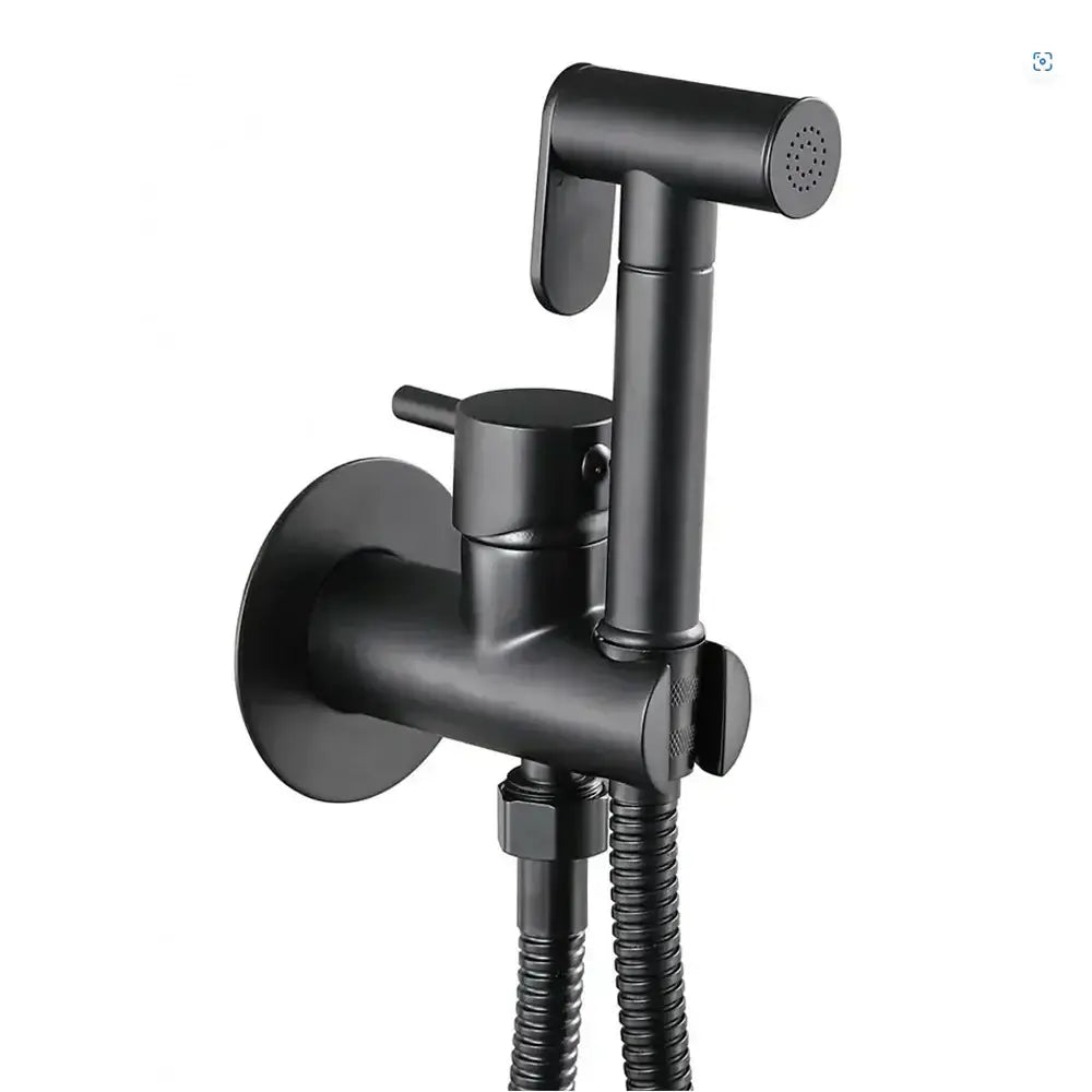 Modern matte black brass bidet faucet with sleek wall-mounted spray and flexible hose from decorbites brass bidet set
