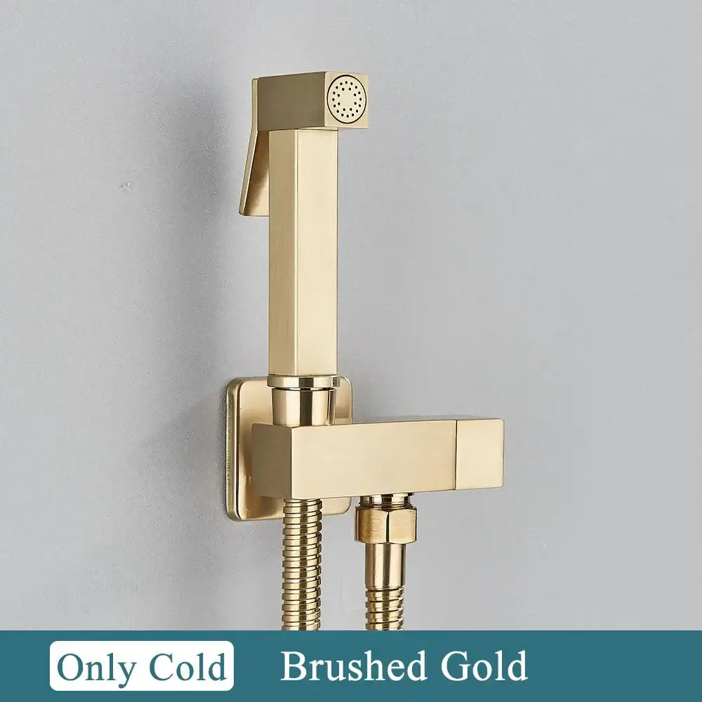 Brushed gold square handheld shower sprayer with flexible hose in modern matte black and polished chrome brass bidet faucet set