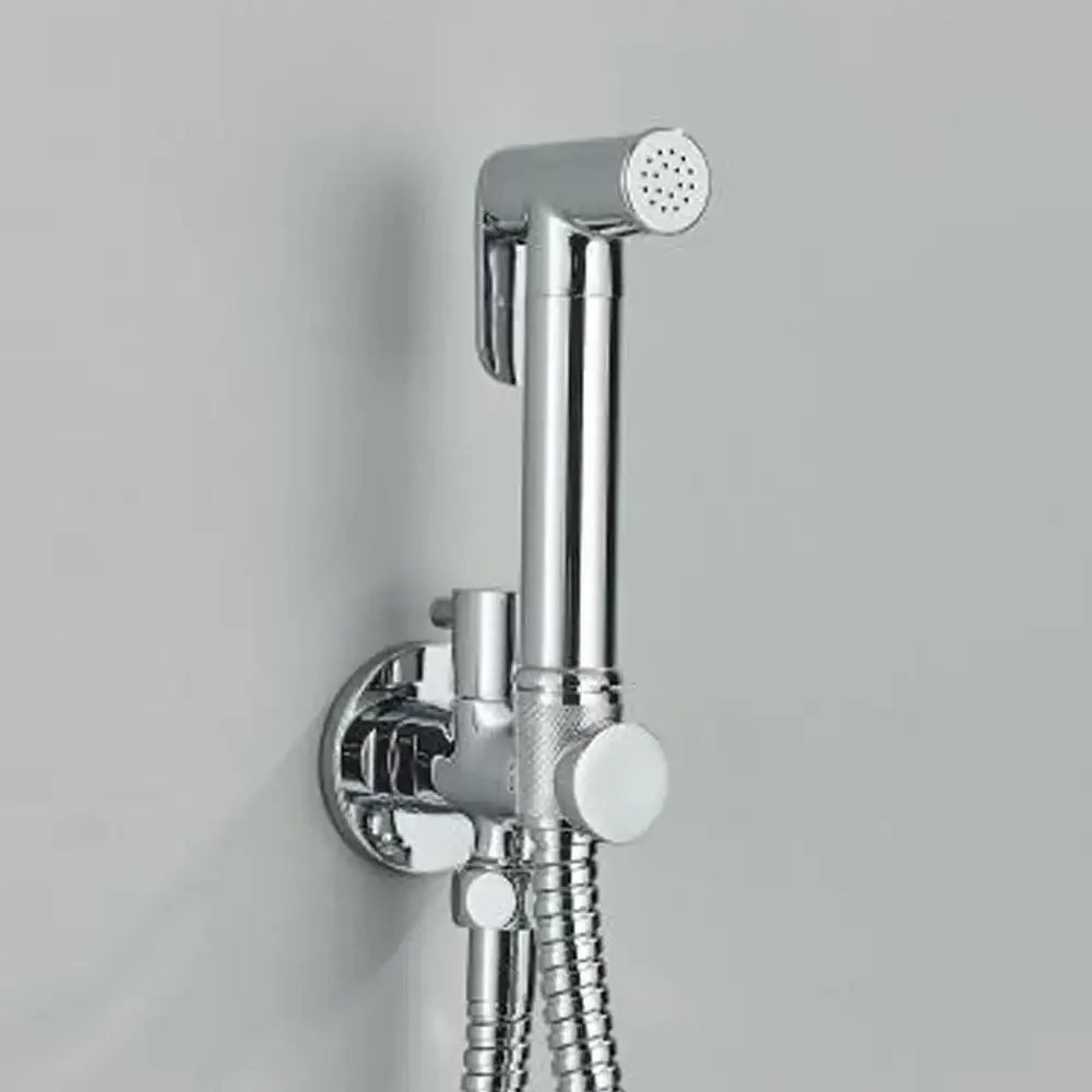 Modern matte black and polished chrome brass bidet faucet set featuring a chrome finished handheld brass bidet with flexible hose