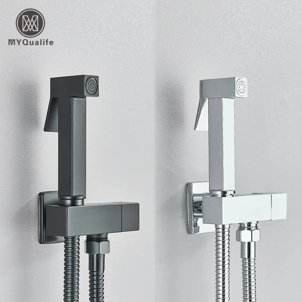 Modern matte black and polished chrome brass bidet faucet set featuring decorbites brass bidet nozzles for bathroom use