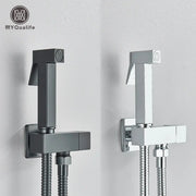 Modern matte black and polished chrome brass bidet faucet set featuring decorbites brass bidet nozzles for bathroom use
