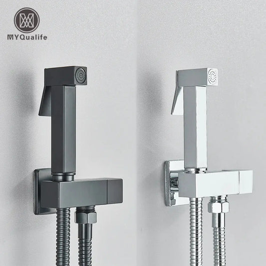 Modern matte black and polished chrome brass bidet faucet set featuring decorbites brass bidet nozzles for bathroom use
