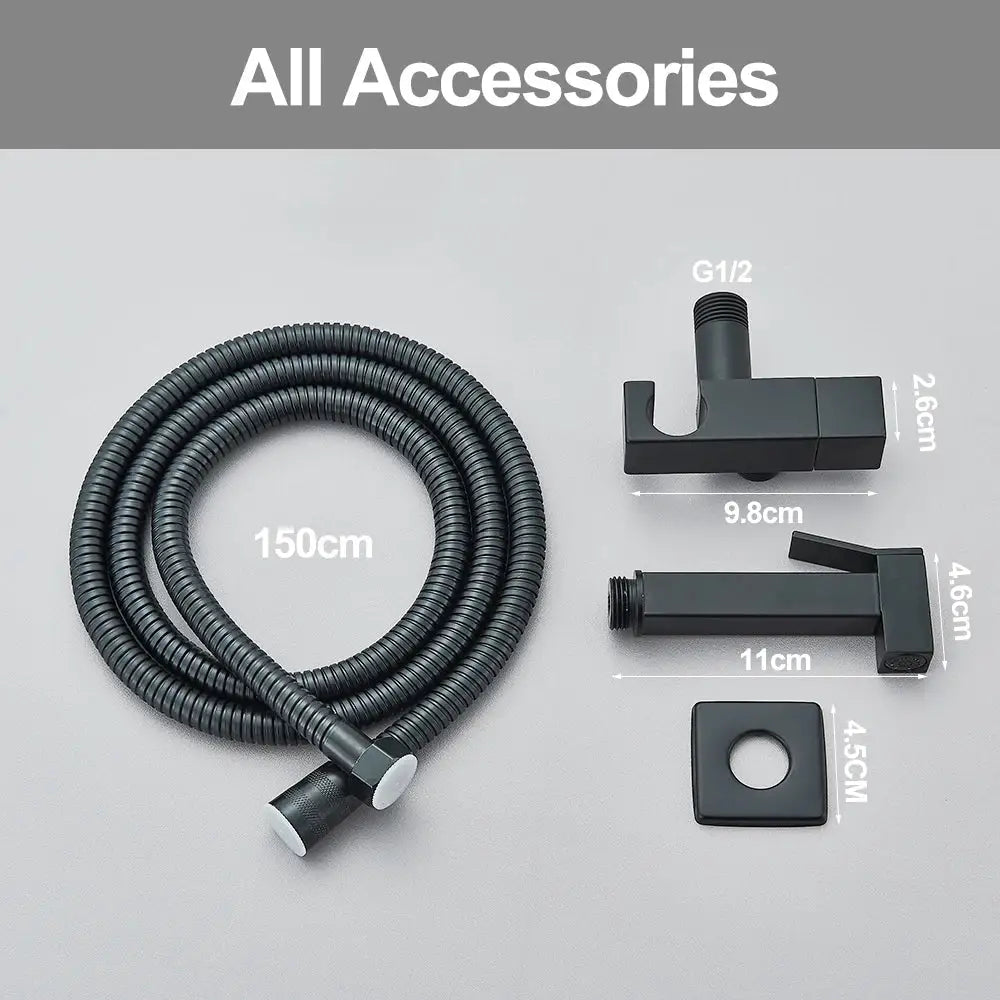 Modern matte black and polished chrome decorbites brass bidet faucet set with flexible corrugated shower hose and nozzle