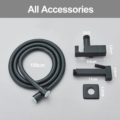 Modern matte black and polished chrome decorbites brass bidet faucet set with flexible corrugated shower hose and nozzle