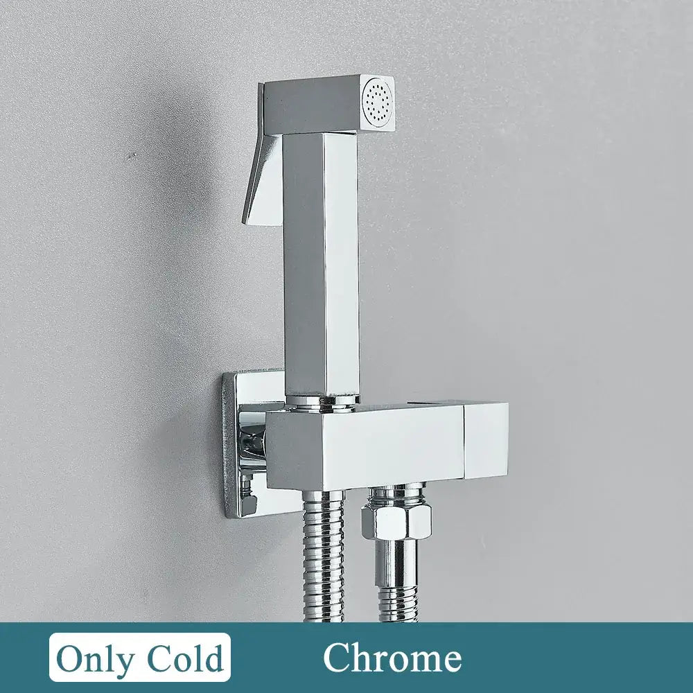 Modern matte black and polished chrome brass bidet faucet bathroom set with chrome finished rectangular shower nozzle and flexible hose