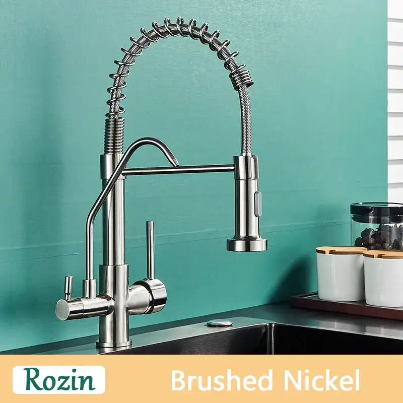 Brushed nickel rozin kitchen faucet with flexible coiled gooseneck spout and pull-down spray head for pure water kitchen use