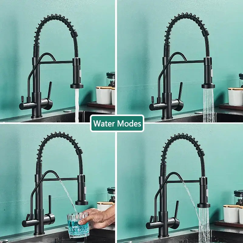 Modern matte black pull down pure water kitchen faucet with flexible gooseneck spout and decorbites black pull design