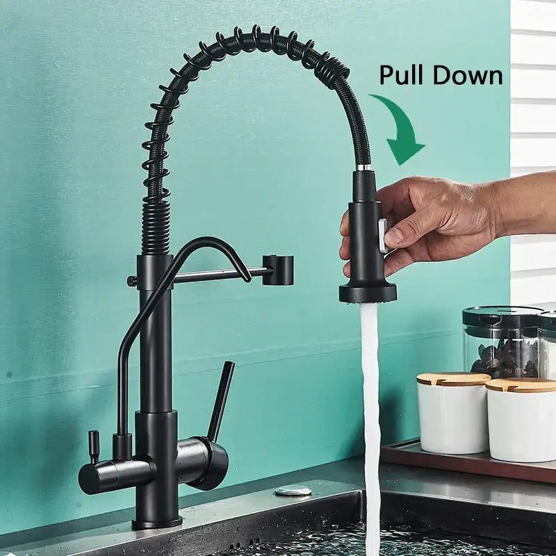 Modern matte black pull down pure water kitchen faucet with black matte finish coiled spring hose and dual-handle controls