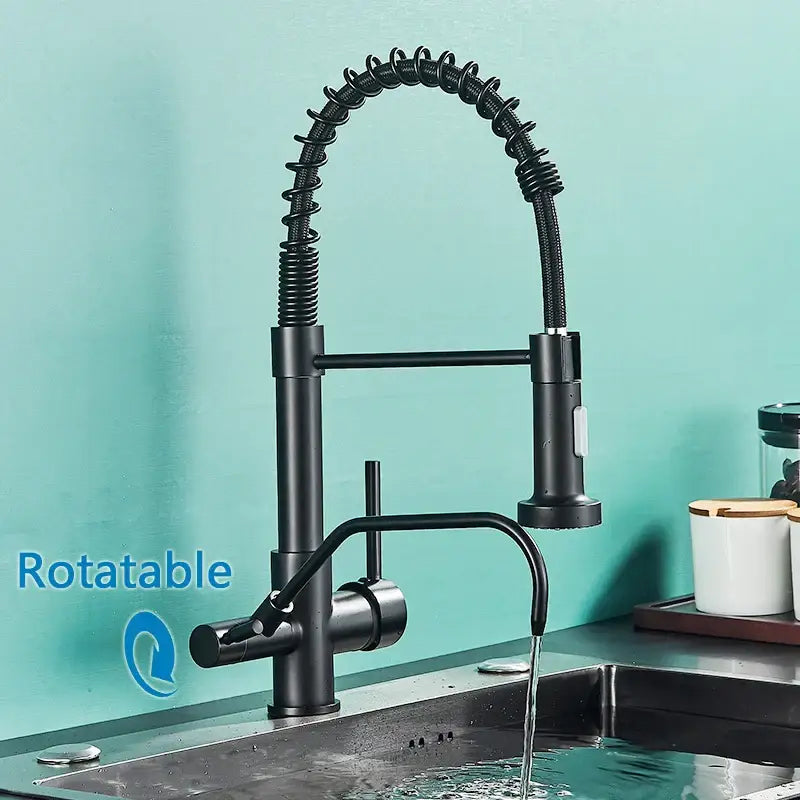 Modern matte black pull down pure water kitchen faucet with flexible coiled gooseneck and pull-down spray head decorbites black pull