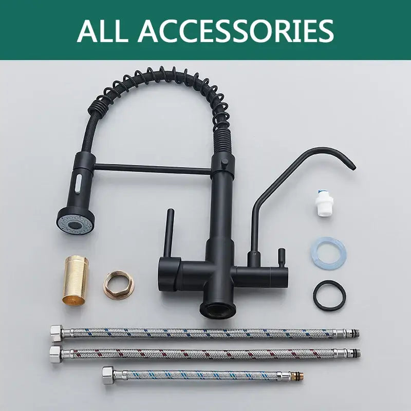 Modern matte black pull down pure water kitchen faucet with flexible gooseneck spout and decorbites black pull components