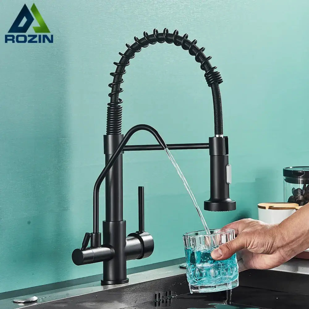 Modern matte black pull down pure water kitchen faucet with black matte finish rozin flexible gooseneck spout decorbites black pull