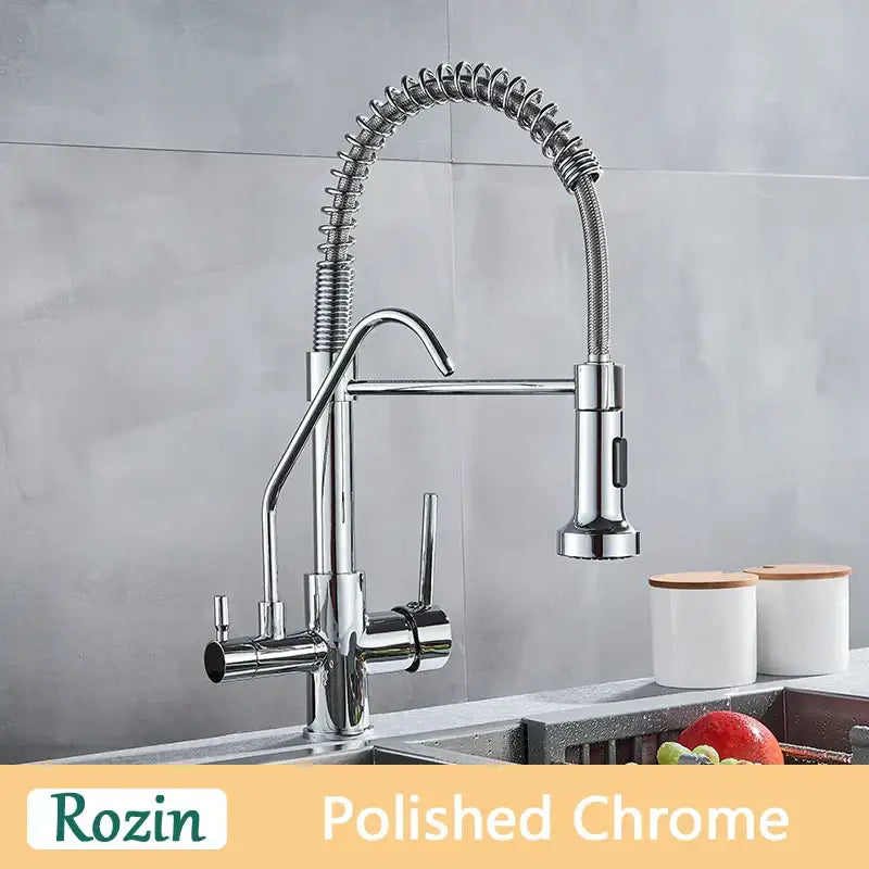 Polished chrome kitchen faucet with flexible coiled gooseneck spout and pull-down spray head for pure water kitchen use