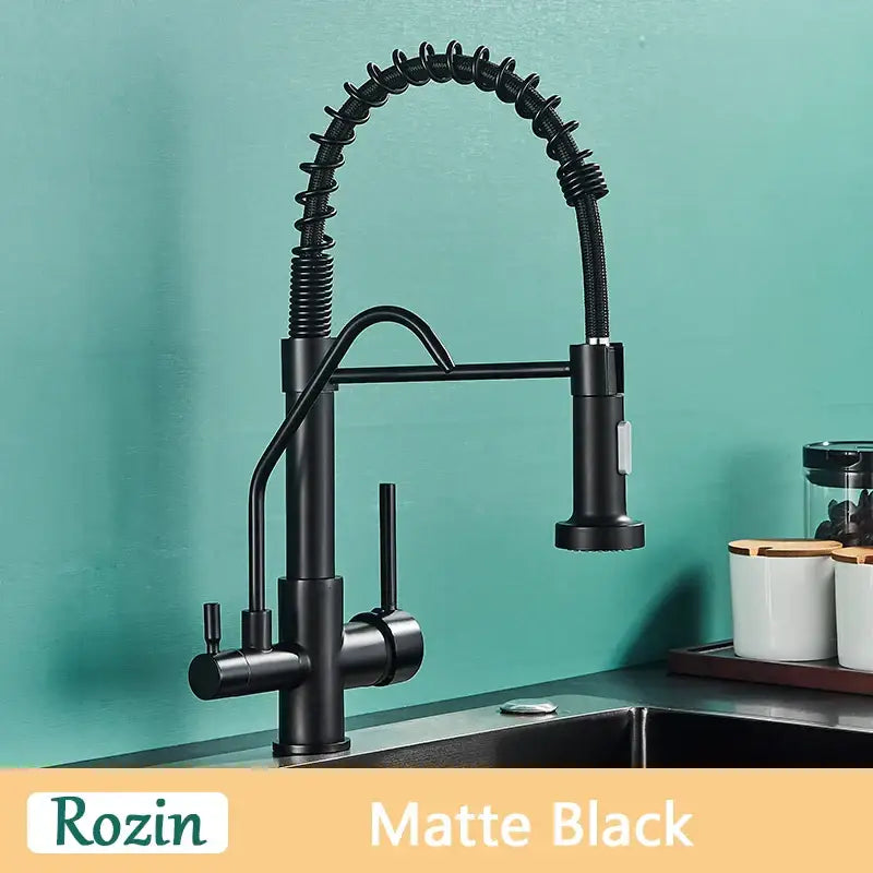 Modern matte black pull down pure water kitchen faucet with flexible coiled gooseneck spout and decorbites black pull feature