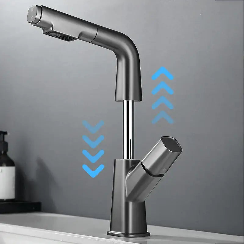 Modern matte black brass basin faucet with sleek curved spout and integrated showerhead cold mixer by decorbites