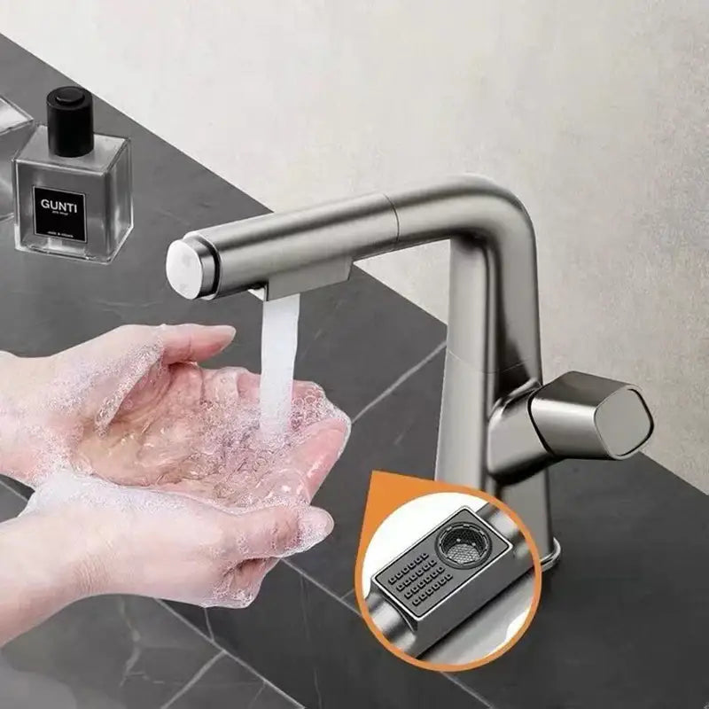 Modern matte black decorbites brass basin faucet with brushed stainless steel curved spout and integrated cold mixer touch control